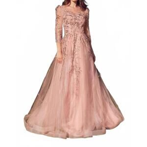 NEW ANDREA & LEO COUTURE sheer sleeve bateau neck dress in dusty rose
